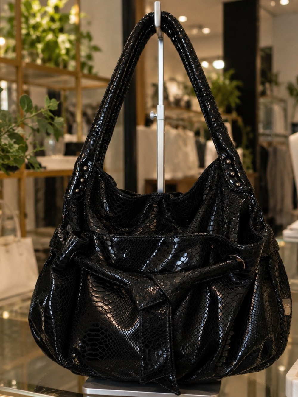Perlina Black Snakeskin Embossed Patent Leather Bow Shoulder Bag